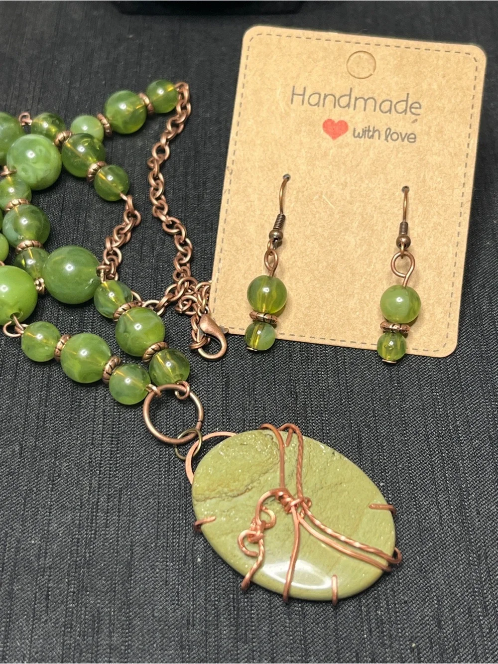 Copper Wire wrapped Serpentine cabochon Pendant Necklace Drop Earrings 18”